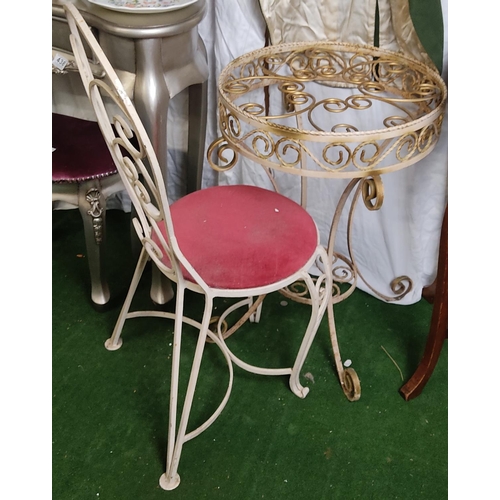 432 - A vintage/ Mid Century wrought iron table & chair (table in need of new glass top)