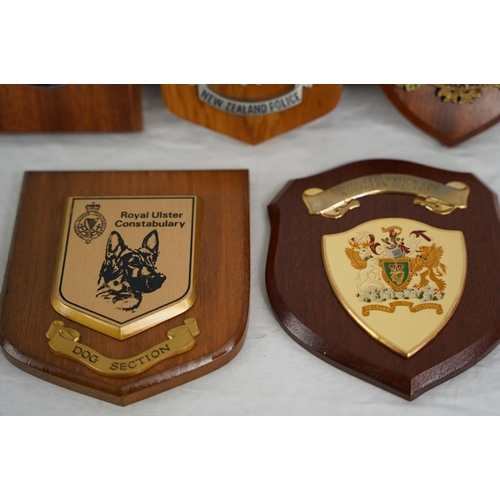 124 - Five wooden shield plaques to include Royal Inniskilling Dragoon Guards & more