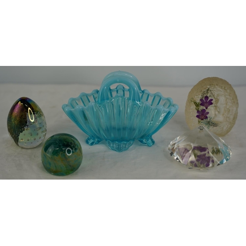 28 - A stunning vintage blue glass basket and four paperweights.