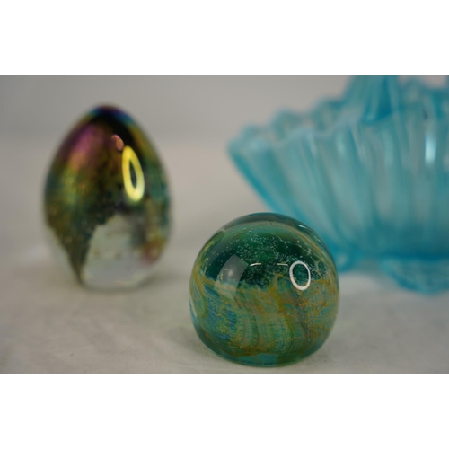 28 - A stunning vintage blue glass basket and four paperweights.