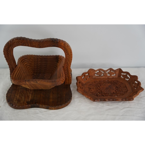 36 - A folding wooden fruit basket and a similar wooden dish.