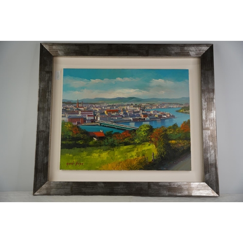 58 - A large framed oil painting of Derry/ Londonderry City signed.60cmx70cm