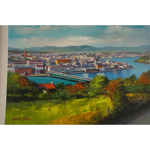 58 - A large framed oil painting of Derry/ Londonderry City signed.60cmx70cm