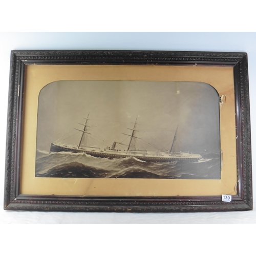 139 - An antique framed print of a ship. 61cm x93cm