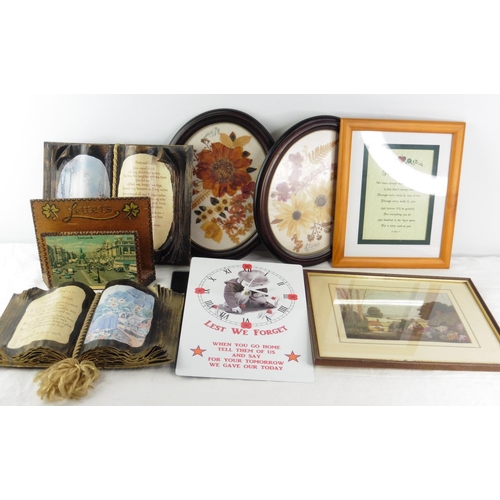 156 - A pair of framed dried flower pictures, 'Lest We Forget' wall clock, a vintage letter holder and mor... 