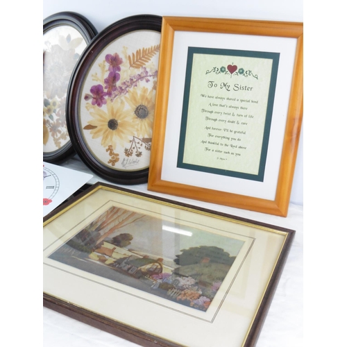 156 - A pair of framed dried flower pictures, 'Lest We Forget' wall clock, a vintage letter holder and mor... 