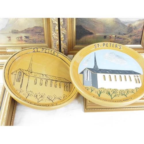 183 - A pair of new Irish Art pictures and two Derry pottery plates.