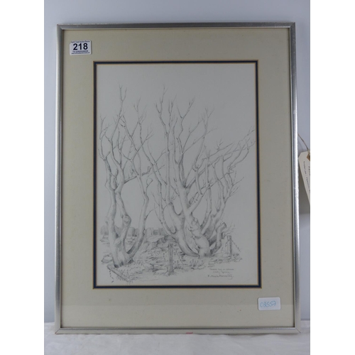 218 - A framed pencil drawing 'Trees by a Stream, Early Spring' by K Mavis Abernethy.