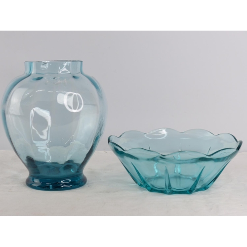 233 - A vintage blue glass vase and matching bowl.