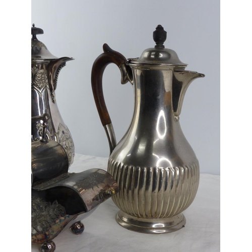 248 - Two antique silver plated coffee pots and a sugar cannister in the style of a coal scuttle.