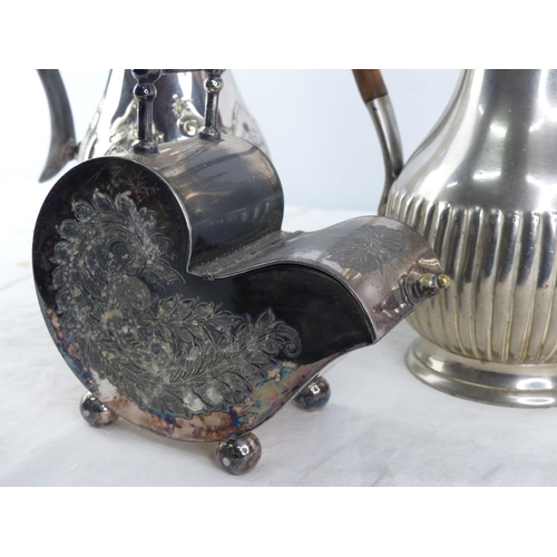 248 - Two antique silver plated coffee pots and a sugar cannister in the style of a coal scuttle.