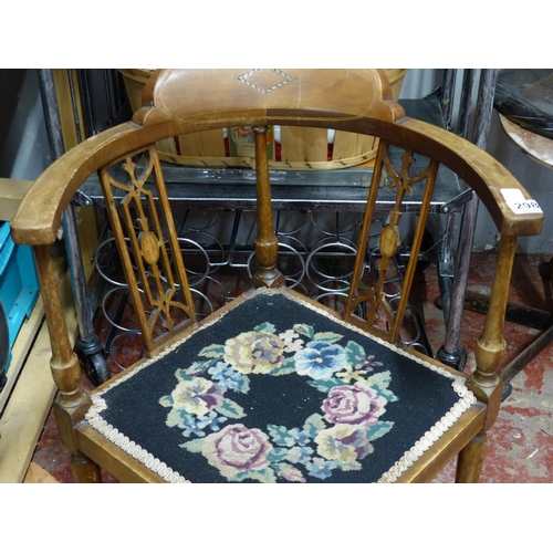 298 - An antique corner chair with tapestry panel.