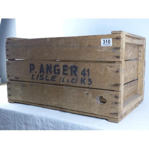 310 - A vintage wooden crate, reading 'P Anger 41 - Lisle'.