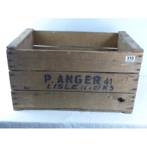 310 - A vintage wooden crate, reading 'P Anger 41 - Lisle'.