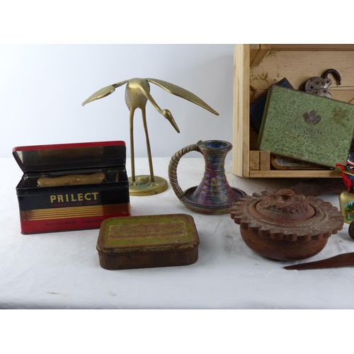 362 - A lot of vintage items to include a brass pelican, a boxed Prilect travelling iron, a Michael Kenned... 