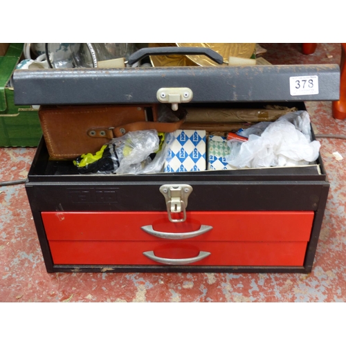 378 - A Stanley metal tool box and lot of tools, nails etc.