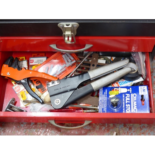 378 - A Stanley metal tool box and lot of tools, nails etc.