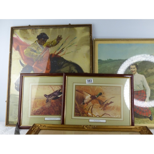 393 - A pair of framed prints 'Mallard Rising' and 'Blackcock and Greyhen' by A Thorburn and more.