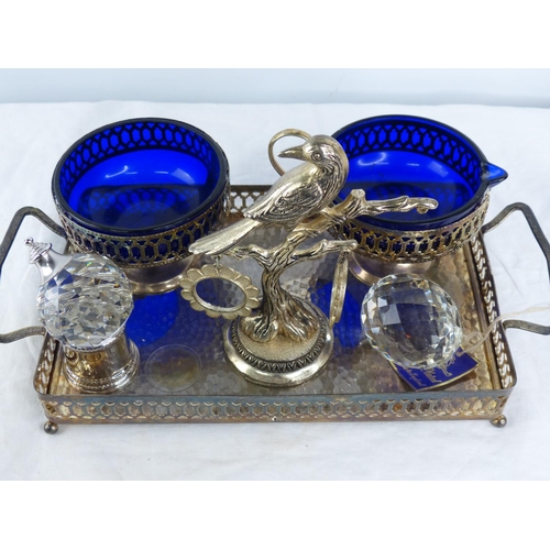 413 - A twin handled tray and milk jug and sugar bowl and more.