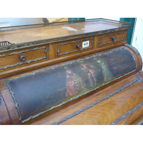 444 - A stunning French style roll topped writing desk with hand painted panel (open but no key).