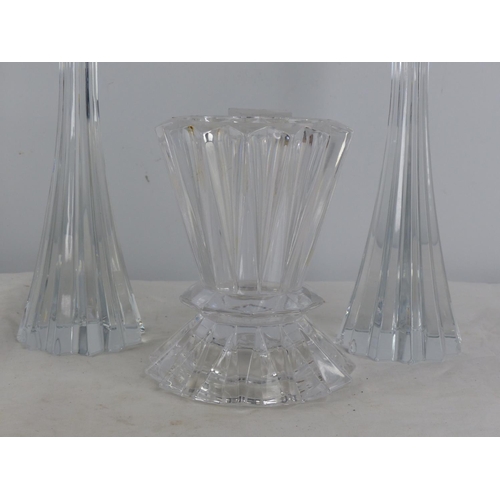 454 - A pair of Tipperary Crystal candlesticks and similar style vase.