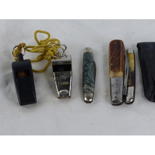 494 - A vintage Johnson Sheffield bone handled pen knife and four others, a cased Ronson lighter and two w... 