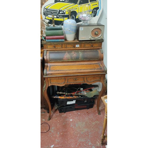 444 - A stunning French style roll topped writing desk with hand painted panel (open but no key).