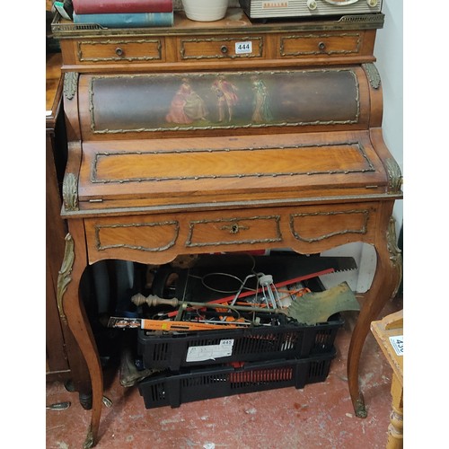 444 - A stunning French style roll topped writing desk with hand painted panel (open but no key).