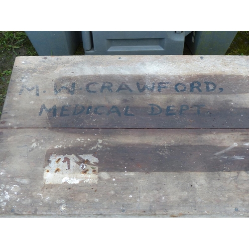 19 - A vintage wooden chest, reading, 'M W Crawford - Medical Dept'