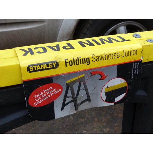 60 - A new twin pack Stanley Folding sawhorse, a plastic tool box and more.