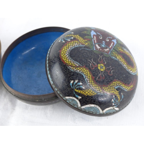 119 - A stunning pair of 2 Chinese Cloisonné trinket boxes, to include 1 with dragon design and another.