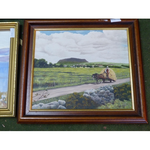 165 - A framed oil painting 'Bringing in the Hay' signed J G Russell and more.