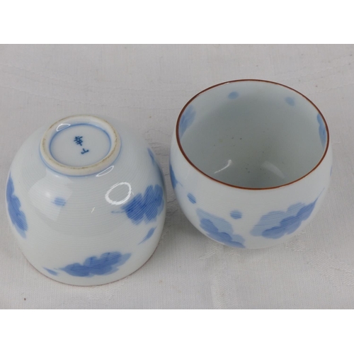 202 - A pair of antique Chinese blue and white patterned tea bowls, each signed to base.