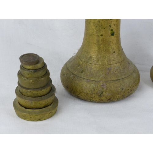 213 - A set of vintage brass butchers weights and more.