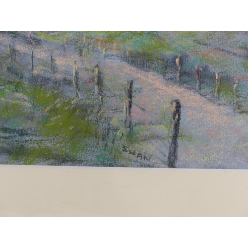 237 - A framed chalk drawing of a rural dwelling, signed Swan.