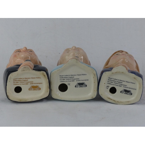 243 - Three handcrafted Bairstow Manor Pottery character eggcups for Children in Need 2005 - James Naughti... 