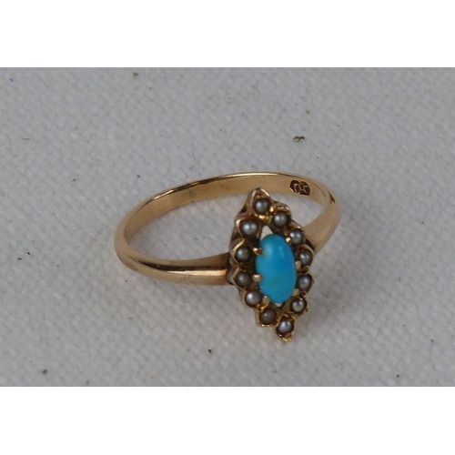 549 - A Victorian 9ct rose gold turquoise and pearl ring, size L.