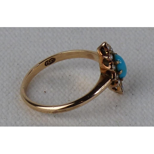 549 - A Victorian 9ct rose gold turquoise and pearl ring, size L.