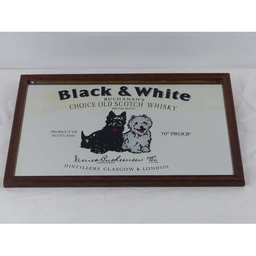 101 - A framed 'Black & White Whisky' pub advertising mirror, measuring 32cm x 22cm.