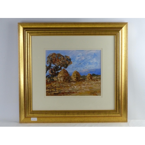 19 - A gilt framed oil painting 'Hay Stacks', by signed by the Artist, measuring 69cm x 58cm.