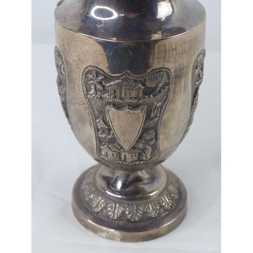 23 - A decorative white metal vase with Oriental design, 230g, 16cm height.