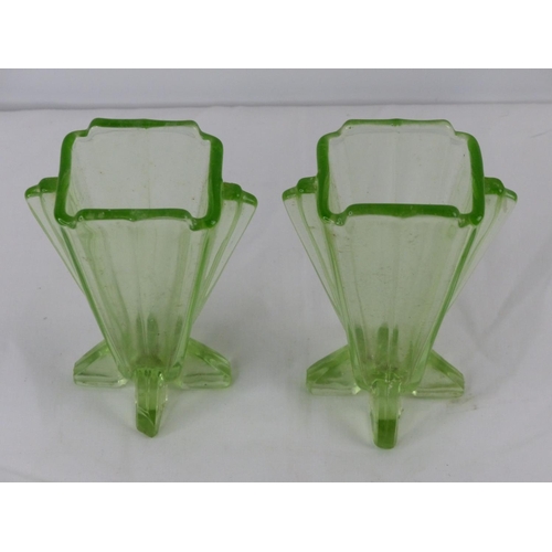 37 - A pair of vintage Art Deco style green pressed glass vases.