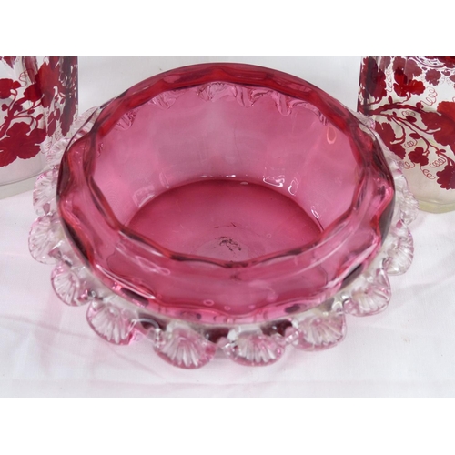 5 - An antique ruby glass bowl & pair of decorative lidded jars (a/f).