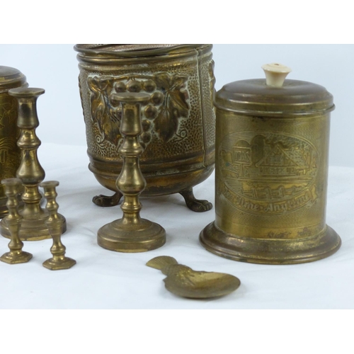 55 - A collection of brassware to include tea caddies & more.