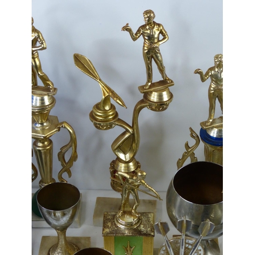 73 - A large collection of Darts trophy cups and plaques, to include Rasharkin, Garvagh and more.