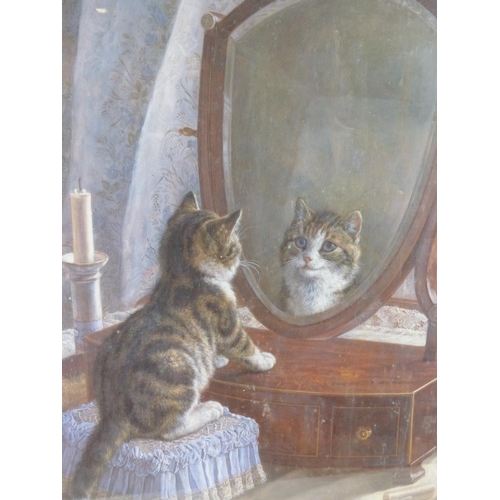 80 - A vintage framed picture of cat, measuring 76cm x 64cm.