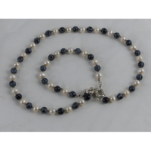 94 - A vintage Snowflake Egyptian Lapis and Akoya pearl bracelet and necklace set.