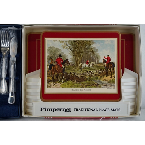 111 - A vintage boxed set of Pimpernel place mats with hunting scene design and a boxed set of Housley 12 ... 