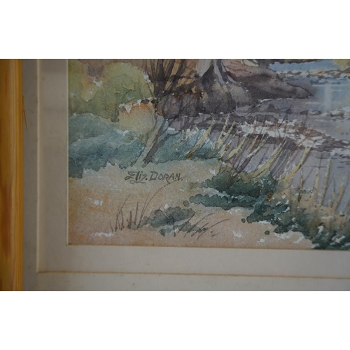 130 - A framed watercolour of a river scene signed Eliz Doran, measuring 50cm x 60cm and another framed wa... 