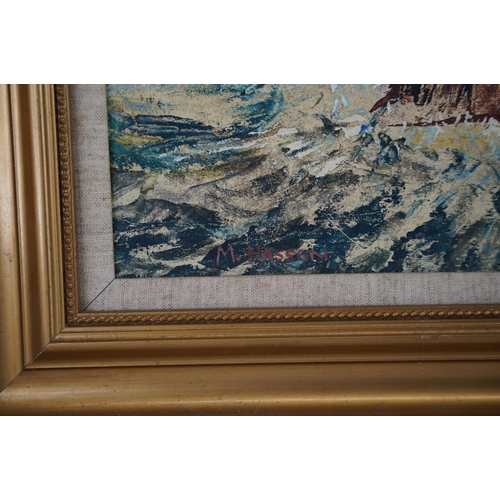 131 - A framed oil painting on board 'Rough Seas' signed M Hasson, with painting of a tree on reserve, mea... 